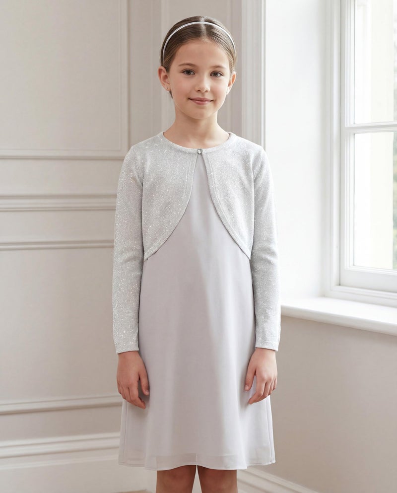 BOLEROSE كارديجان بوليروز للفتيات بأكمام طويلة مع لمسة لامعة (فضي فاتح، 5-6 سنوات) - Image 3